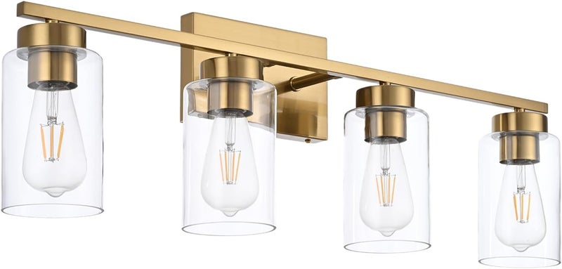 A1A9 4 Light Bathroom Vanity Light Fixtures, Brushed Brass Modern Wall Lights with Clear Glass Shade, Vintage Wall Sconce Lighting for Living Room, Mirror, Bedroom, Hallway (Gold, 4-Lights) - Image 4